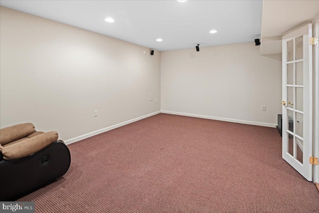 unfurnished room featuring recessed lighting, baseboards, and carpet floors