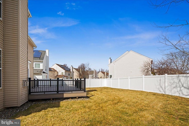 view of yard featuring a deck, a fenced backyard, and a residential view