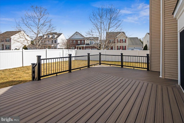 deck featuring a residential view, a lawn, and a fenced backyard