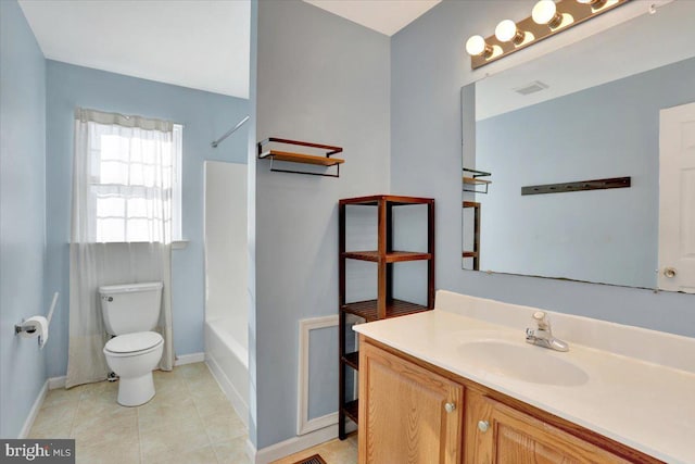 full bathroom with tile patterned flooring, visible vents, toilet, bathtub / shower combination, and vanity