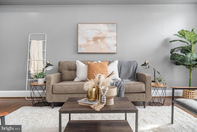 living area with baseboards and wood finished floors