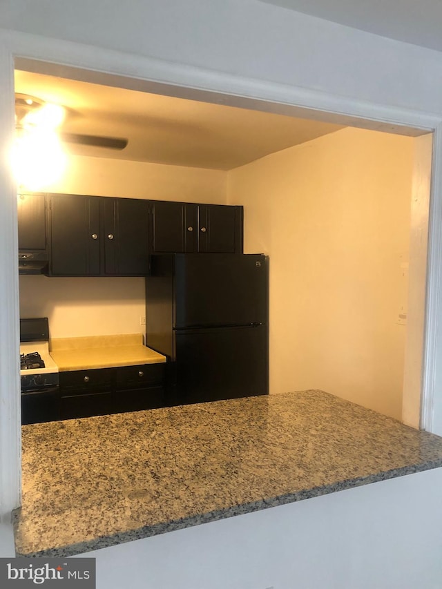 kitchen featuring dark cabinets, freestanding refrigerator, gas range oven, stone counters, and under cabinet range hood