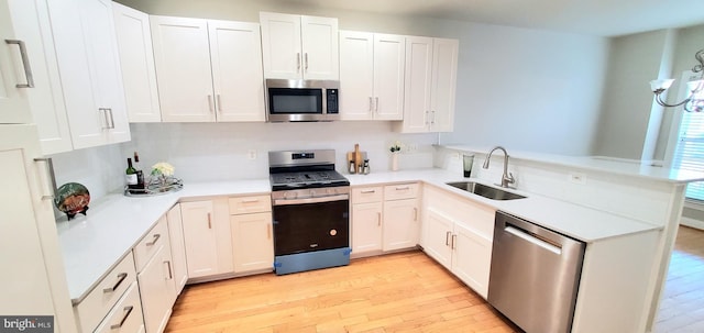 20153 Valhalla Sq, Ashburn, VA 20147 - kitchen featuring a sink, white cabinetry, appliances with stainless steel finishes, a peninsula, and light wood-style flooring