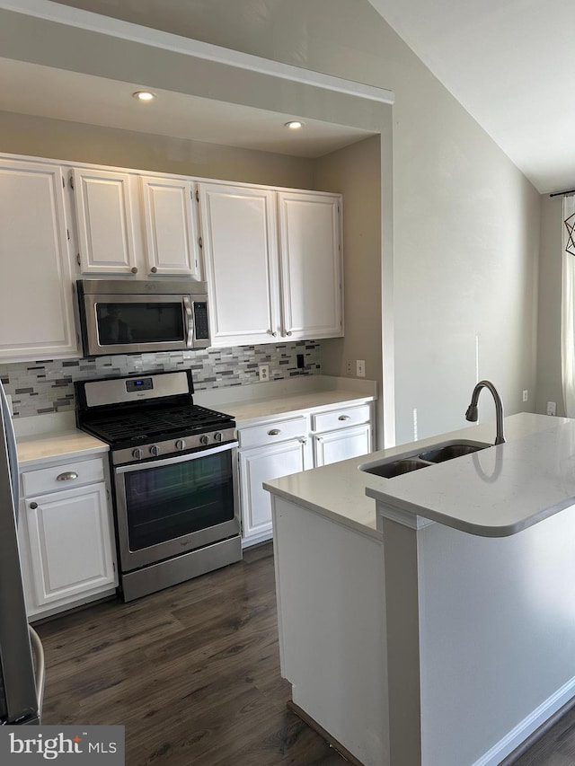 kitchen with stainless steel appliances, a sink, white cabinetry, decorative backsplash, and dark wood finished floors