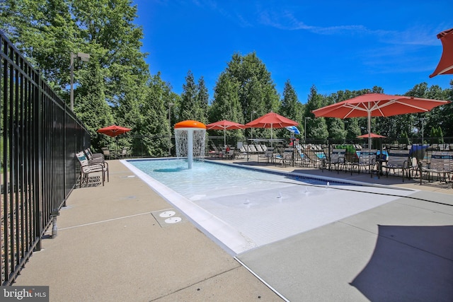 view of swimming pool with a patio area and fence