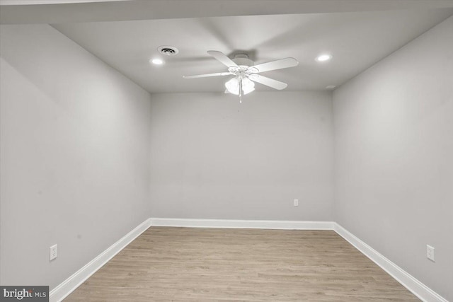 spare room with baseboards, visible vents, ceiling fan, light wood-type flooring, and recessed lighting