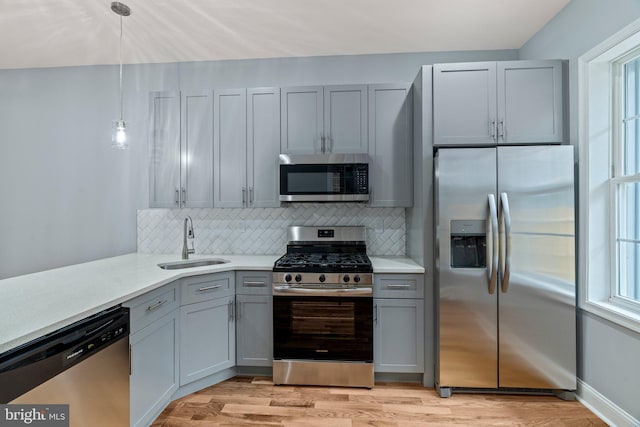 kitchen featuring light wood finished floors, gray cabinets, stainless steel appliances, and a sink