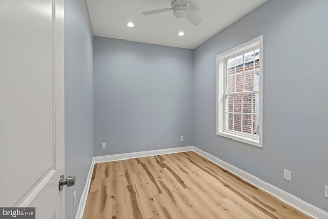 unfurnished room with ceiling fan, baseboards, wood finished floors, and recessed lighting