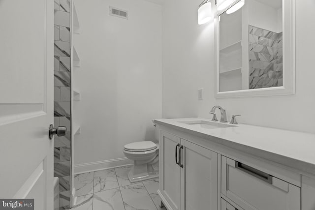 full bathroom featuring baseboards, visible vents, toilet, marble finish floor, and vanity