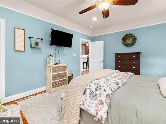 bedroom featuring ceiling fan, recessed lighting, wood finished floors, and baseboards