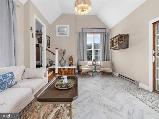 interior space featuring a baseboard radiator, lofted ceiling, baseboards, and stairs