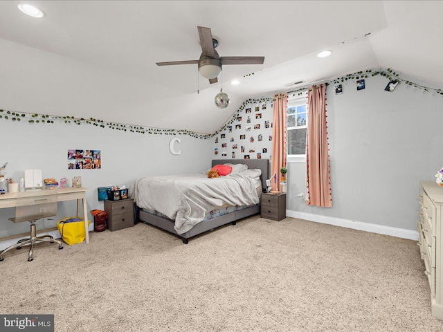 bedroom with vaulted ceiling, carpet floors, recessed lighting, and baseboards