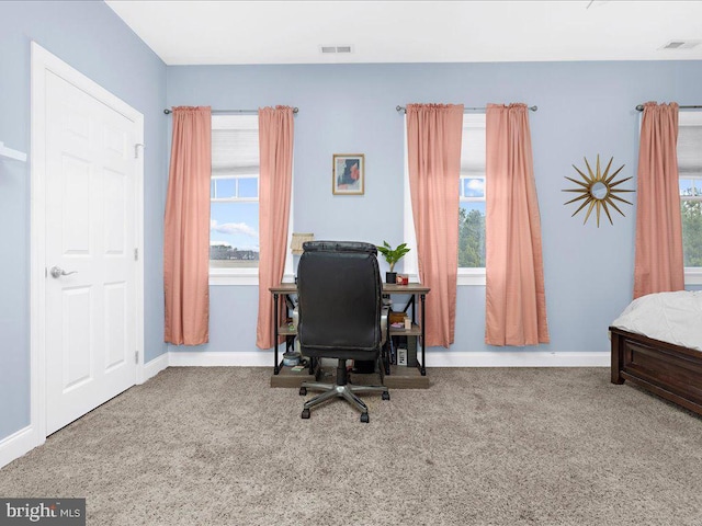 carpeted office space with visible vents and baseboards