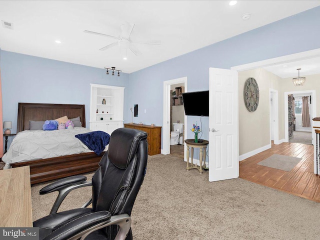 carpeted bedroom featuring visible vents, baseboards, ceiling fan, wood finished floors, and recessed lighting