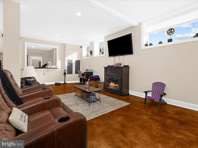 living area with a warm lit fireplace, baseboards, beamed ceiling, and recessed lighting