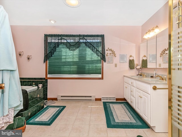 bathroom with tile patterned flooring, vanity, visible vents, baseboard heating, and a bath