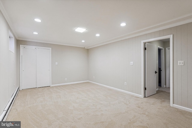 interior space featuring light carpet, recessed lighting, ornamental molding, and a baseboard radiator