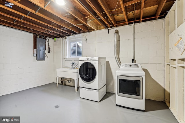 laundry area with electric panel, laundry area, washer and dryer, and a sink