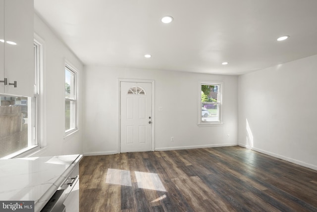 entryway featuring a healthy amount of sunlight, recessed lighting, and dark wood-style floors