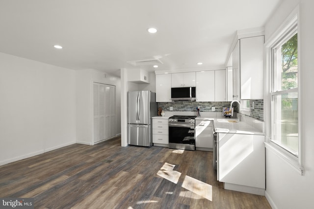 kitchen featuring appliances with stainless steel finishes, a sink, light countertops, white cabinetry, and decorative backsplash