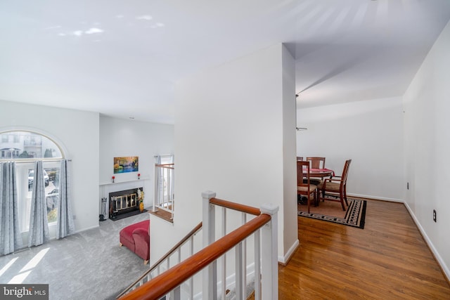 hallway featuring baseboards, wood finished floors, an upstairs landing, and a healthy amount of sunlight