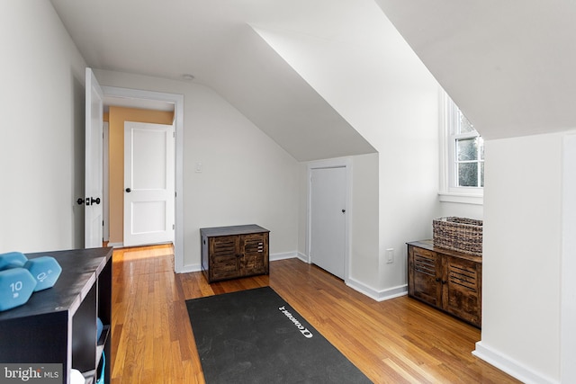 additional living space featuring lofted ceiling, baseboards, and wood finished floors