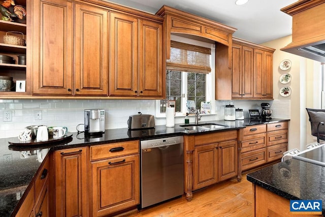 kitchen with a sink, brown cabinets, and stainless steel dishwasher