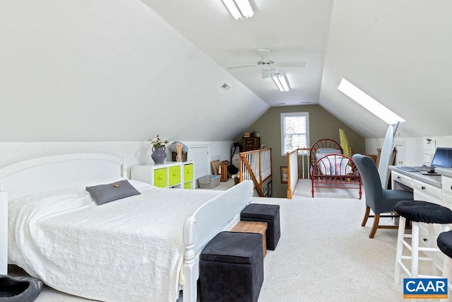 bedroom featuring vaulted ceiling, a ceiling fan, and carpet floors