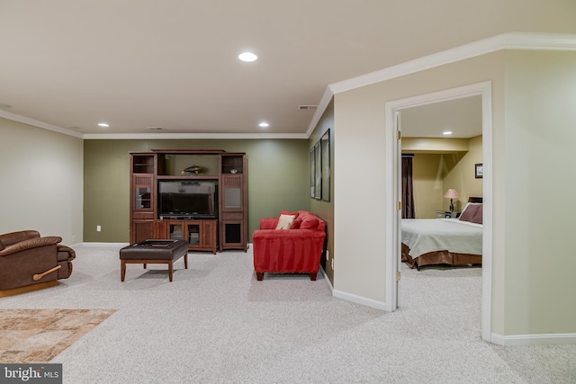 6735 Eckert Ct, Warrenton, VA 20187 - living room with carpet, recessed lighting, baseboards, and ornamental molding