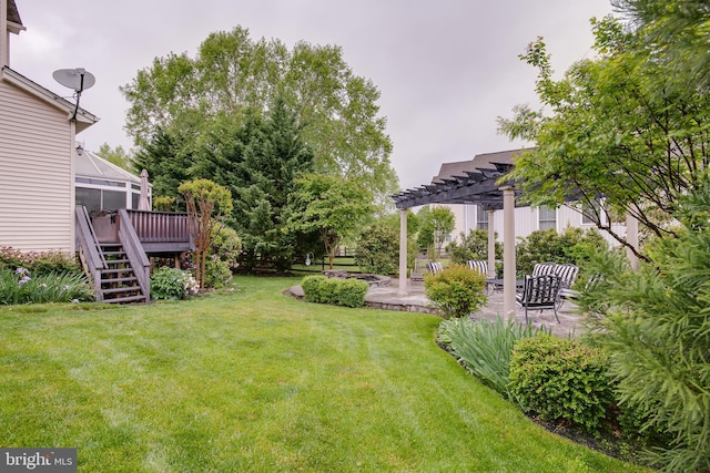 6735 Eckert Ct, Warrenton, VA 20187 - view of grassy yard with a pergola, stairs, a deck, and a patio