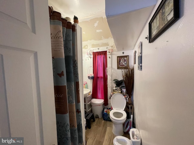 full bathroom with a shower with shower curtain, toilet, and wood finished floors