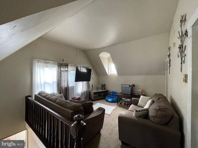 interior space with lofted ceiling and carpet flooring