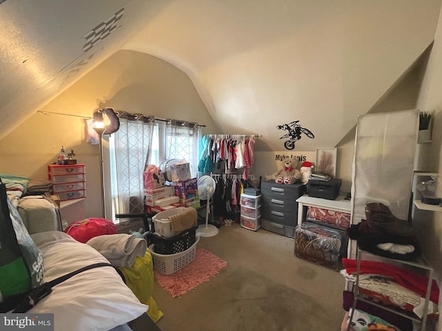 interior space with lofted ceiling and carpet flooring