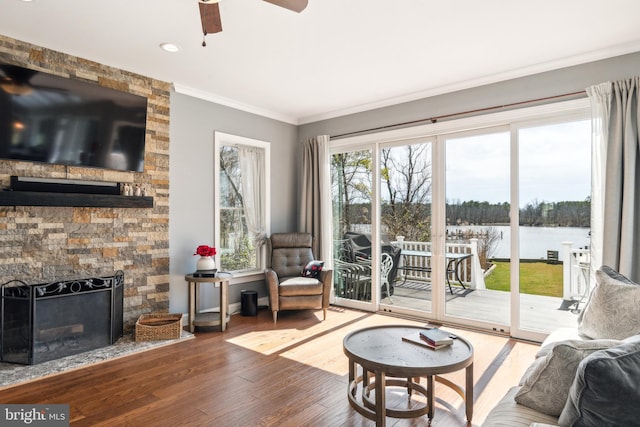 living area with a water view, ornamental molding, wood finished floors, a stone fireplace, and baseboards