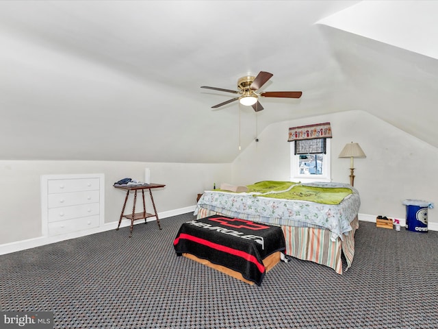 carpeted bedroom featuring lofted ceiling, ceiling fan, and baseboards