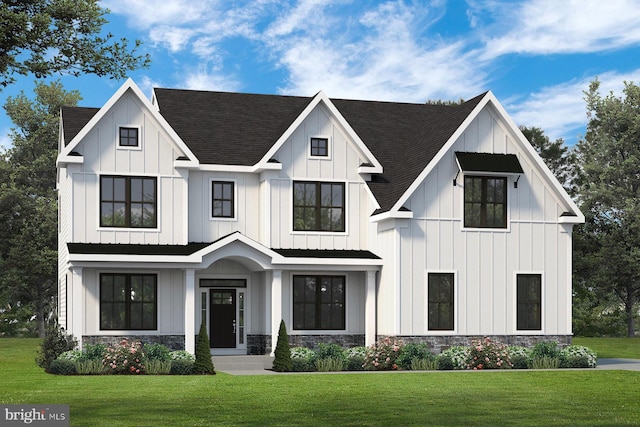 modern inspired farmhouse featuring roof with shingles, board and batten siding, and a front yard