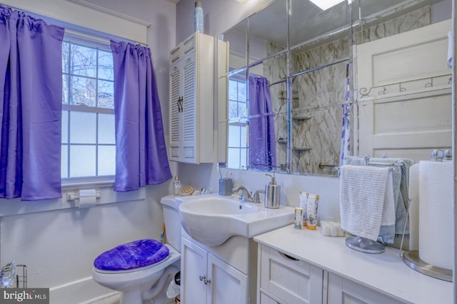 full bathroom featuring a shower, vanity, and toilet