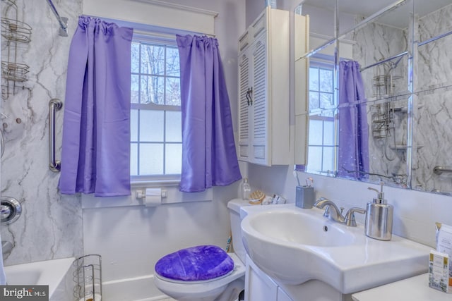 full bath with toilet, a bathtub, a shower, and vanity