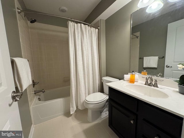 full bath featuring tile patterned flooring, vanity, toilet, and shower / bathtub combination with curtain