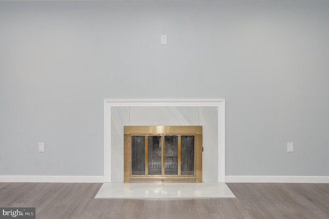 details featuring wood finished floors, a glass covered fireplace, and baseboards