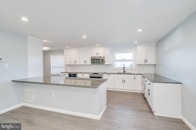 kitchen featuring light wood finished floors, decorative backsplash, stainless steel appliances, and a sink