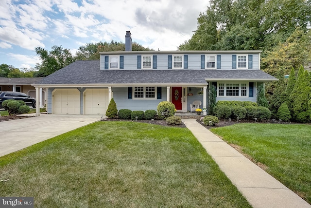 traditional home with a chimney, a shingled roof, concrete driveway, a front yard, and a garage