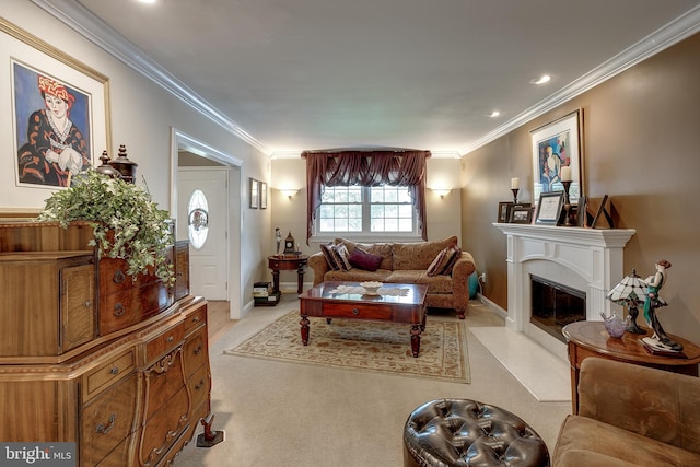 living area with a fireplace with flush hearth, recessed lighting, ornamental molding, and baseboards