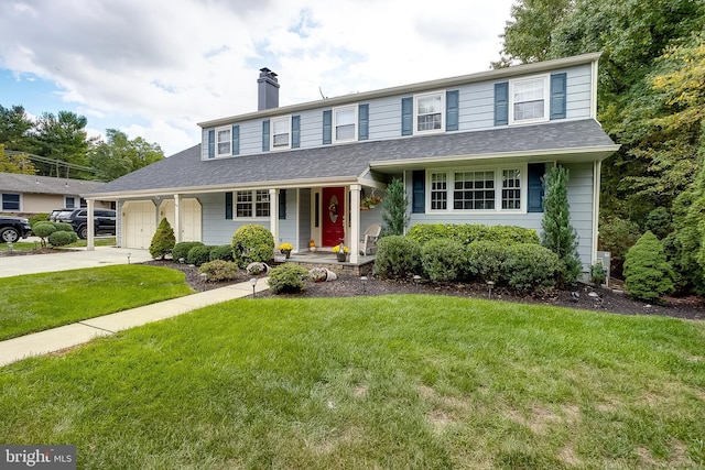 view of front facade featuring a garage, a shingled roof, concrete driveway, a chimney, and a front yard