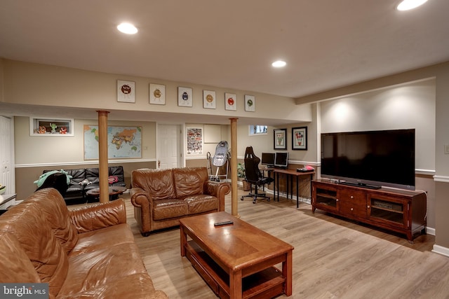 living room featuring recessed lighting and light wood-style floors