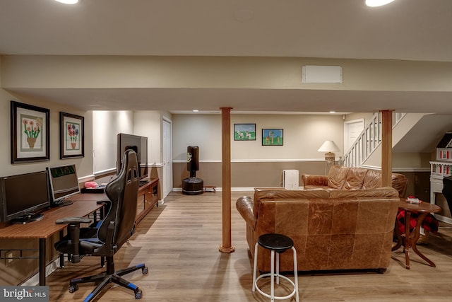 interior space with recessed lighting, light wood-type flooring, and baseboards