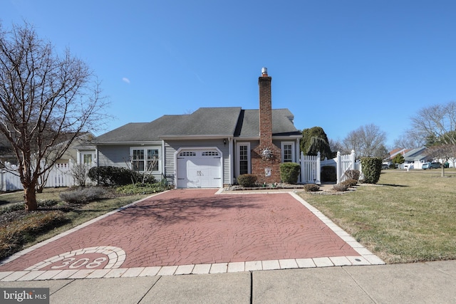 view of front facade with fence, an attached garage, a chimney, a front lawn, and decorative driveway