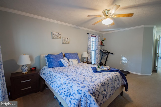 carpeted bedroom featuring ornamental molding, a ceiling fan, and baseboards