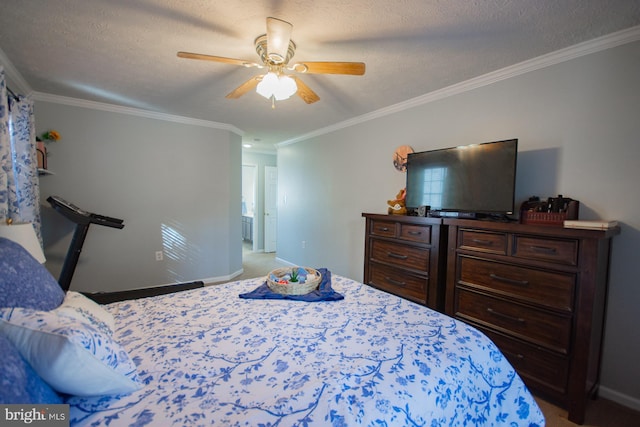 carpeted bedroom with a ceiling fan, crown molding, baseboards, and a textured ceiling