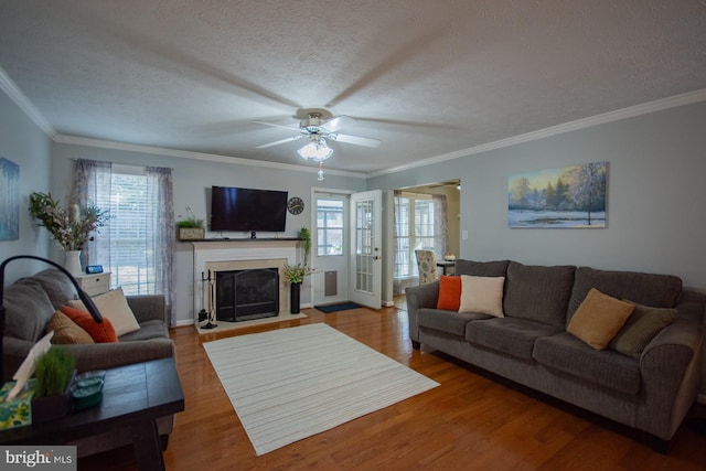 living room with ornamental molding, a fireplace, a textured ceiling, and wood finished floors